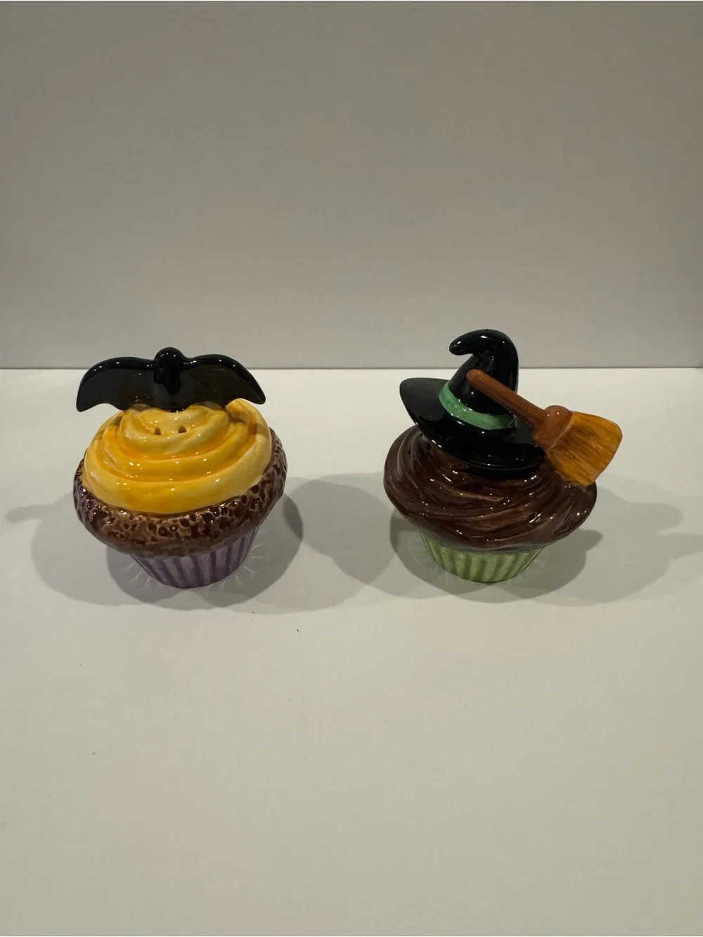 Halloween Ceramic Cupcake Bat and witch salt and pepper shakers